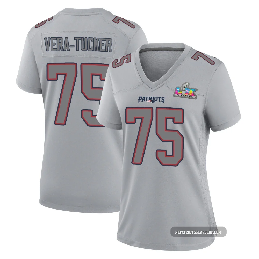Alijah Vera-Tucker ＃75 New England Patriots Game Silver Atmosphere Fashion Super Bowl LX Patch Jersey - Women's