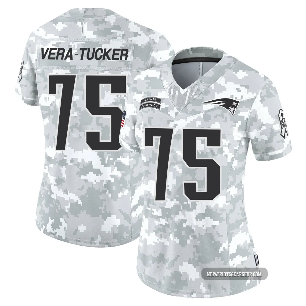 Alijah Vera-Tucker ＃75 New England Patriots Limited 2024 Salute to Service Jersey - Women's Arctic Camo