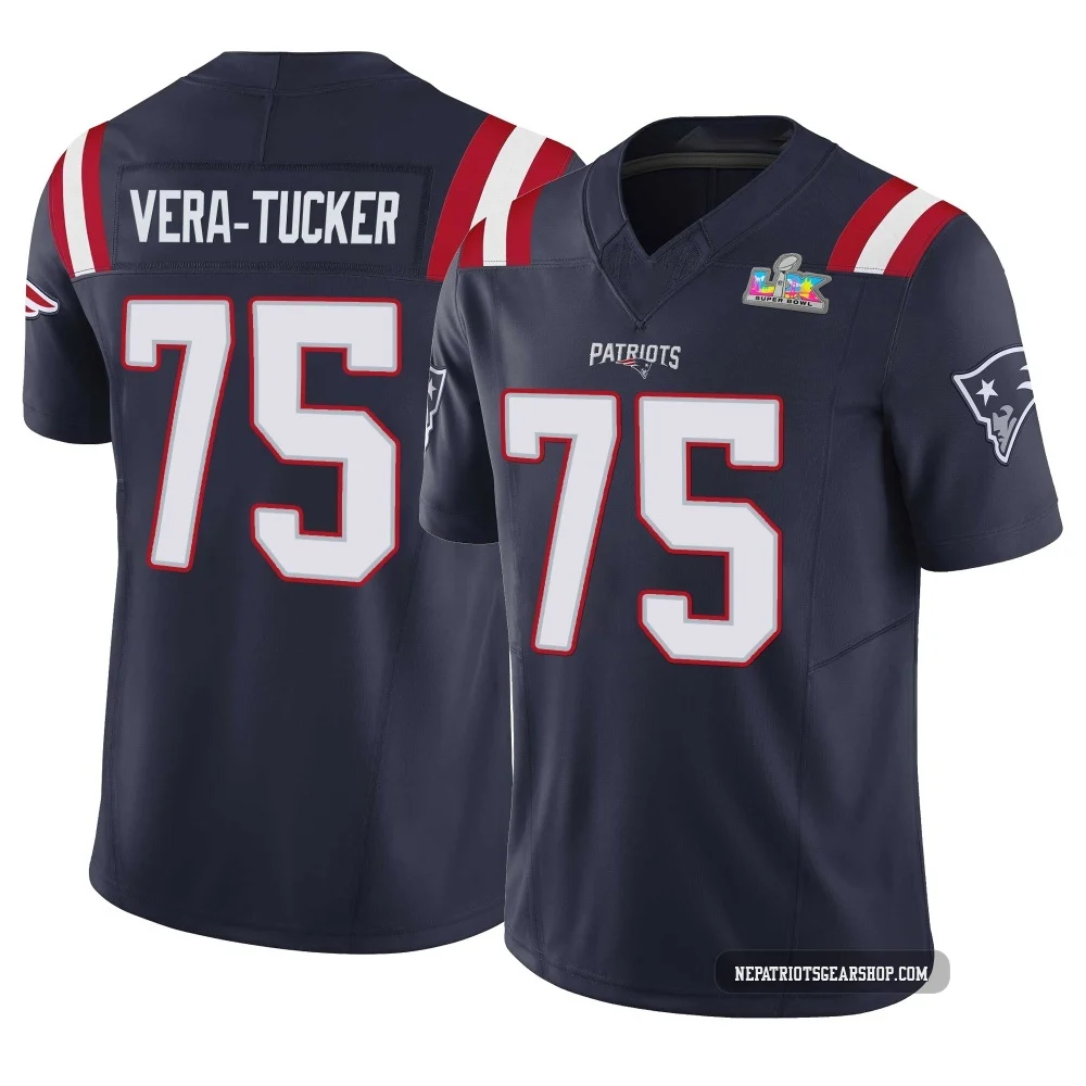 Alijah Vera-Tucker ＃75 New England Patriots Limited Vapor F.U.S.E. Super Bowl LX Patch Jersey - Youth Navy