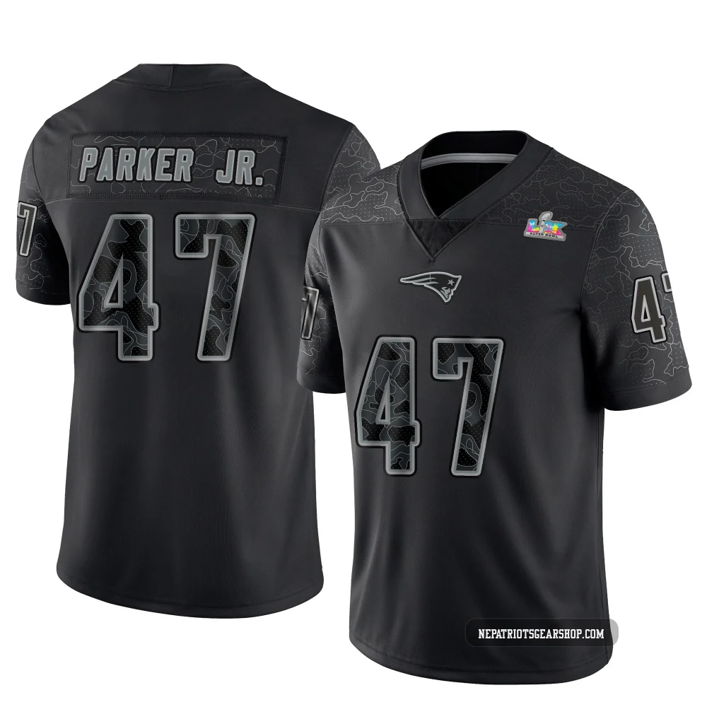Andrew Parker Jr. ＃47 New England Patriots Limited Reflective Super Bowl LX Patch Jersey - Youth Black