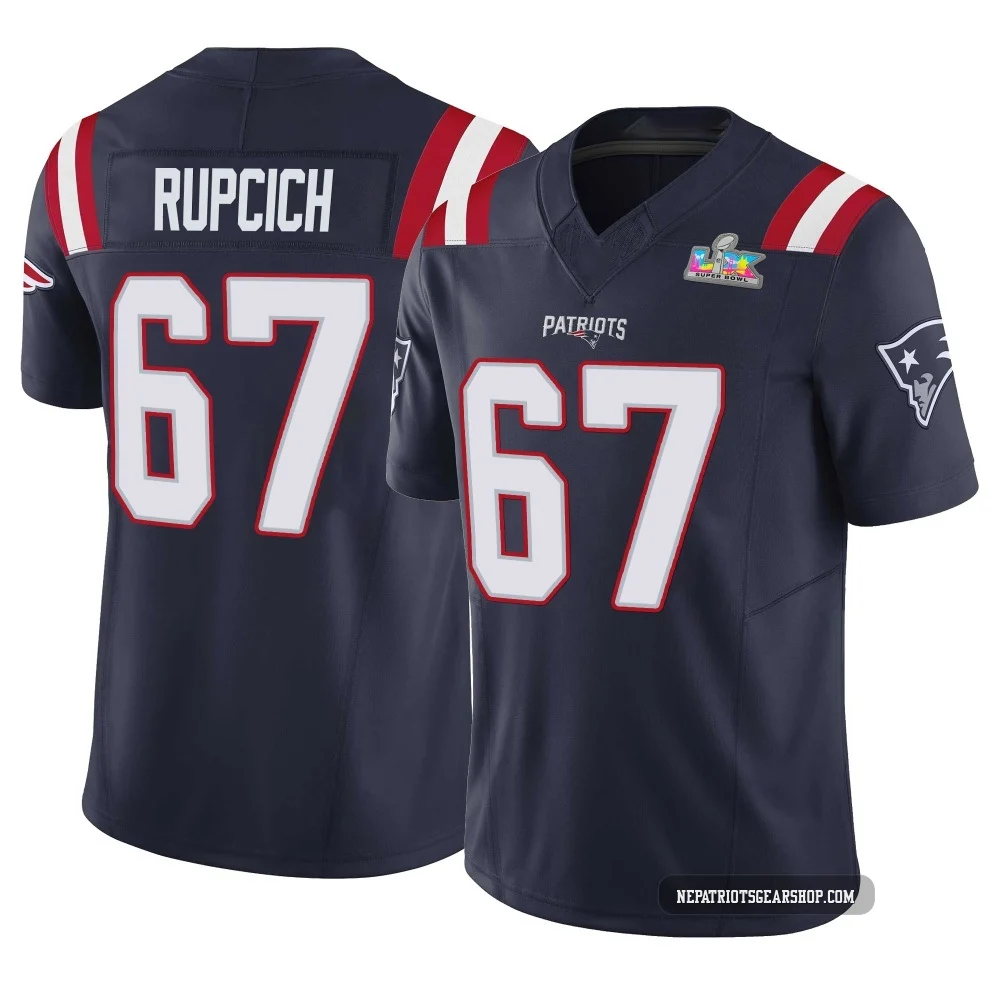 Andrew Rupcich ＃67 New England Patriots Limited Vapor F.U.S.E. Super Bowl LX Patch Jersey - Youth Navy