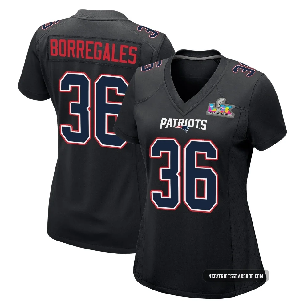 Andy Borregales ＃36 New England Patriots Game Carbon Fashion Super Bowl LX Patch Jersey - Women's Black