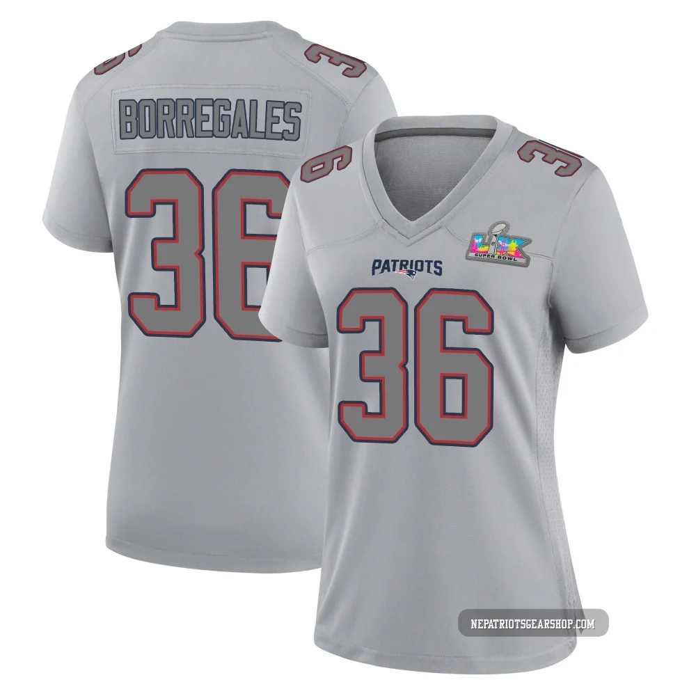 Andy Borregales ＃36 New England Patriots Game Silver Atmosphere Fashion Super Bowl LX Patch Jersey - Women's
