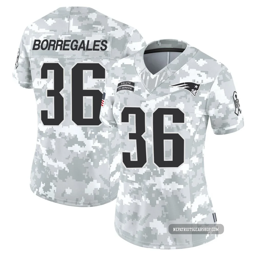 Andy Borregales ＃36 New England Patriots Limited 2024 Salute to Service Jersey - Women's Arctic Camo