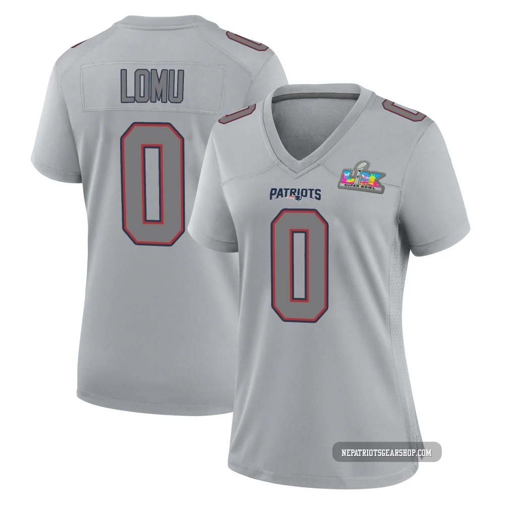Caleb Lomu ＃0 New England Patriots Game Silver Atmosphere Fashion Super Bowl LX Patch Jersey - Women's