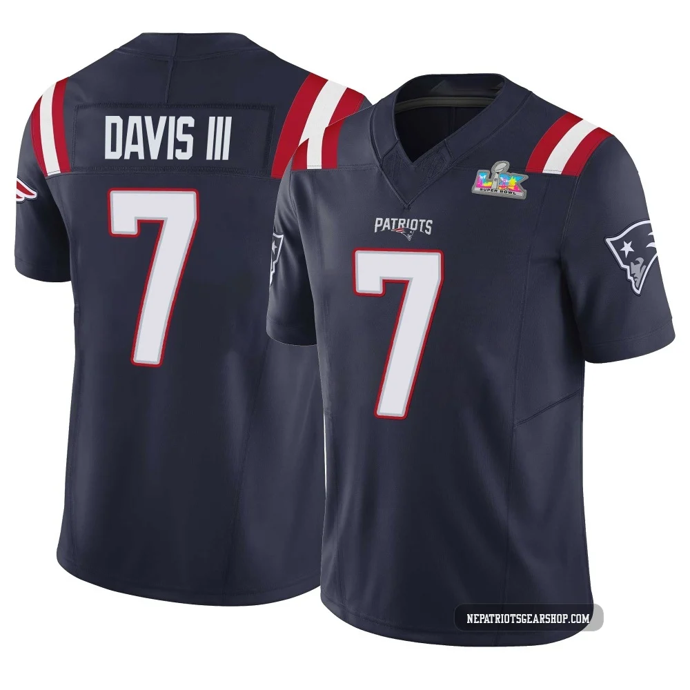 Carlton Davis III ＃7 New England Patriots Limited Vapor F.U.S.E. Super Bowl LX Patch Jersey - Youth Navy