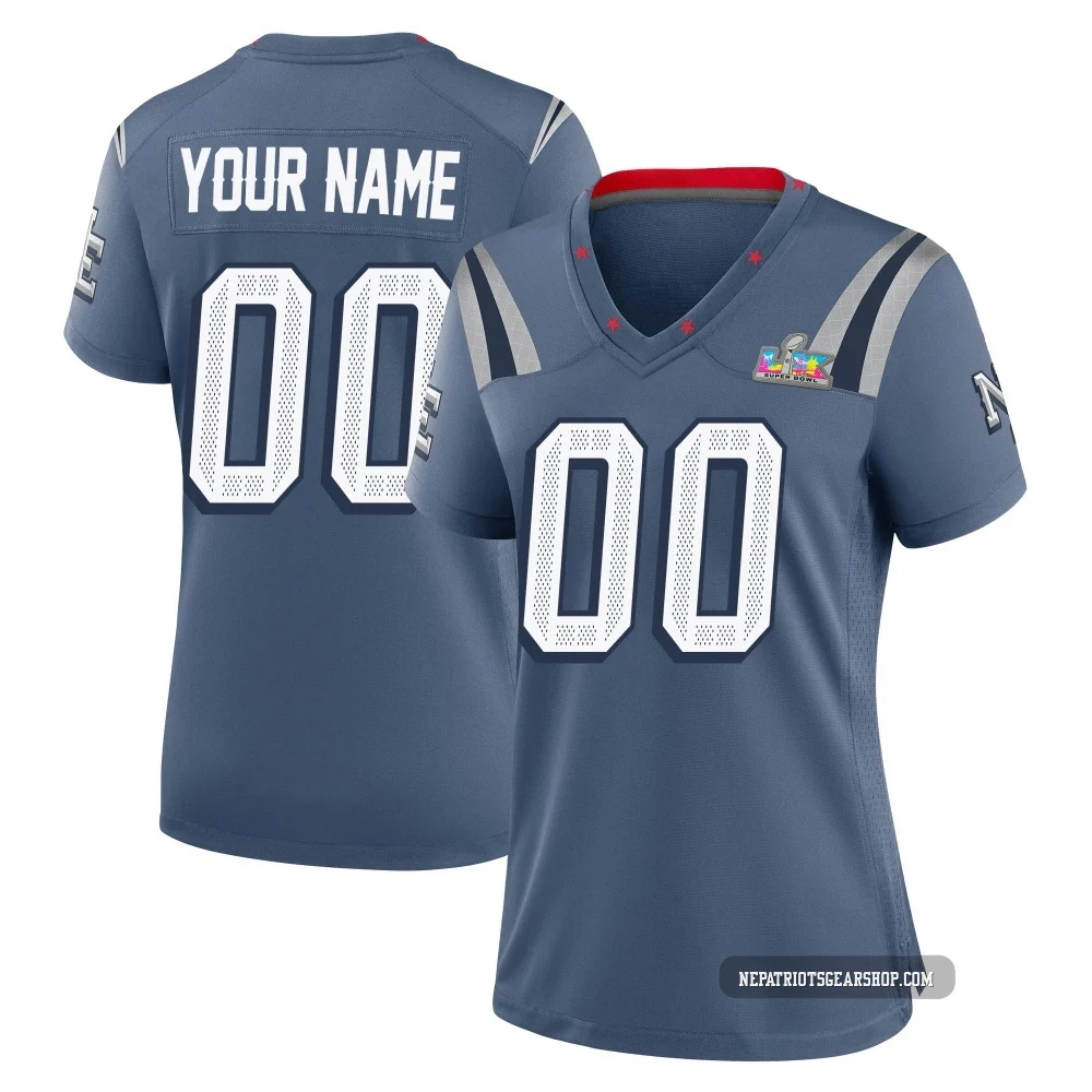 Custom ＃00 New England Patriots Game Storm 2025 Rivalries Collection Super Bowl LX Patch Jersey - Women's Blue
