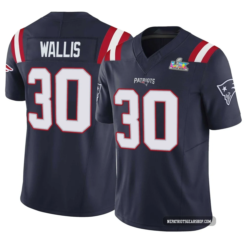 David Wallis ＃30 New England Patriots Limited Vapor F.U.S.E. Super Bowl LX Patch Jersey - Youth Navy
