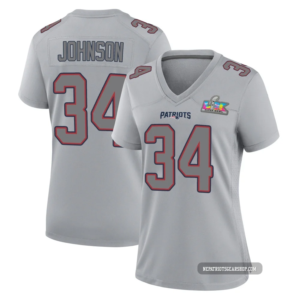 D'Ernest Johnson ＃34 New England Patriots Game Silver Atmosphere Fashion Super Bowl LX Patch Jersey - Women's