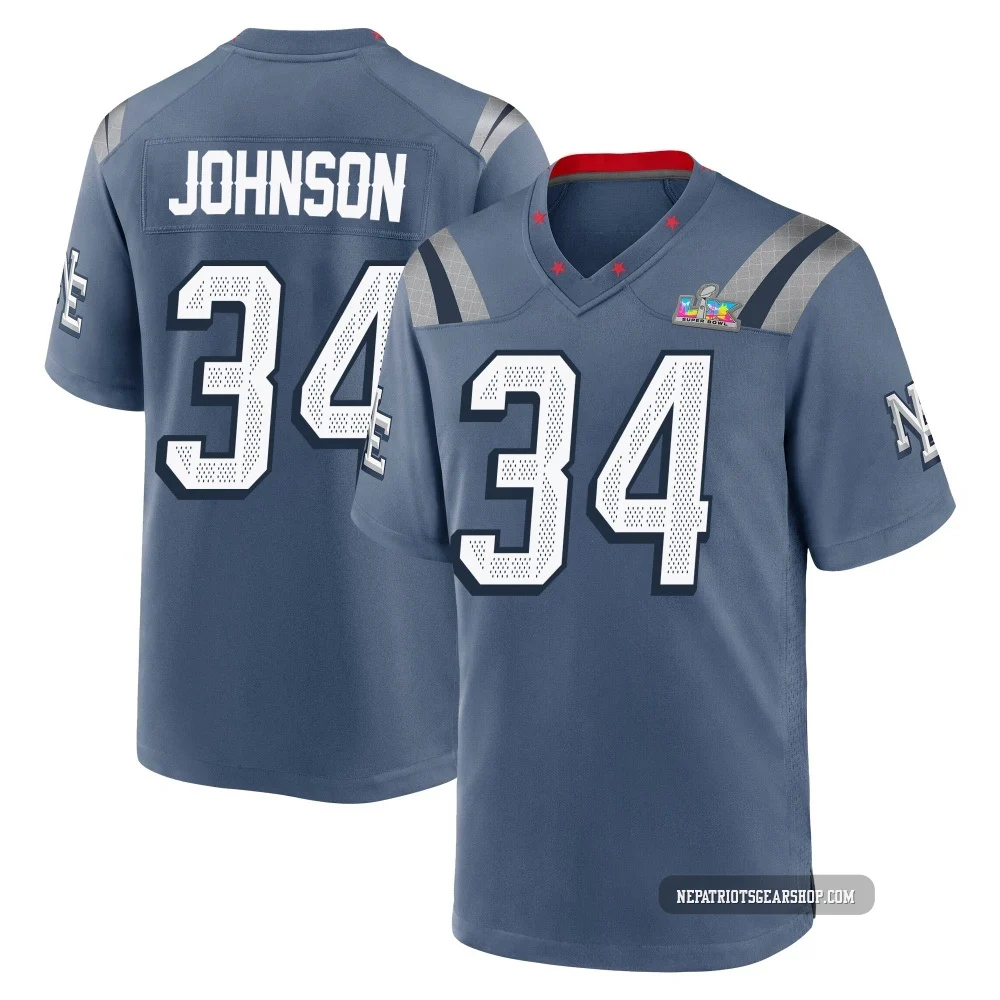 D'Ernest Johnson ＃34 New England Patriots Game Storm 2025 Rivalries Collection Super Bowl LX Patch Jersey - Youth Blue