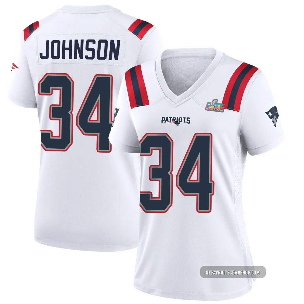 D'Ernest Johnson ＃34 New England Patriots Game Super Bowl LX Patch Jersey - Women's White