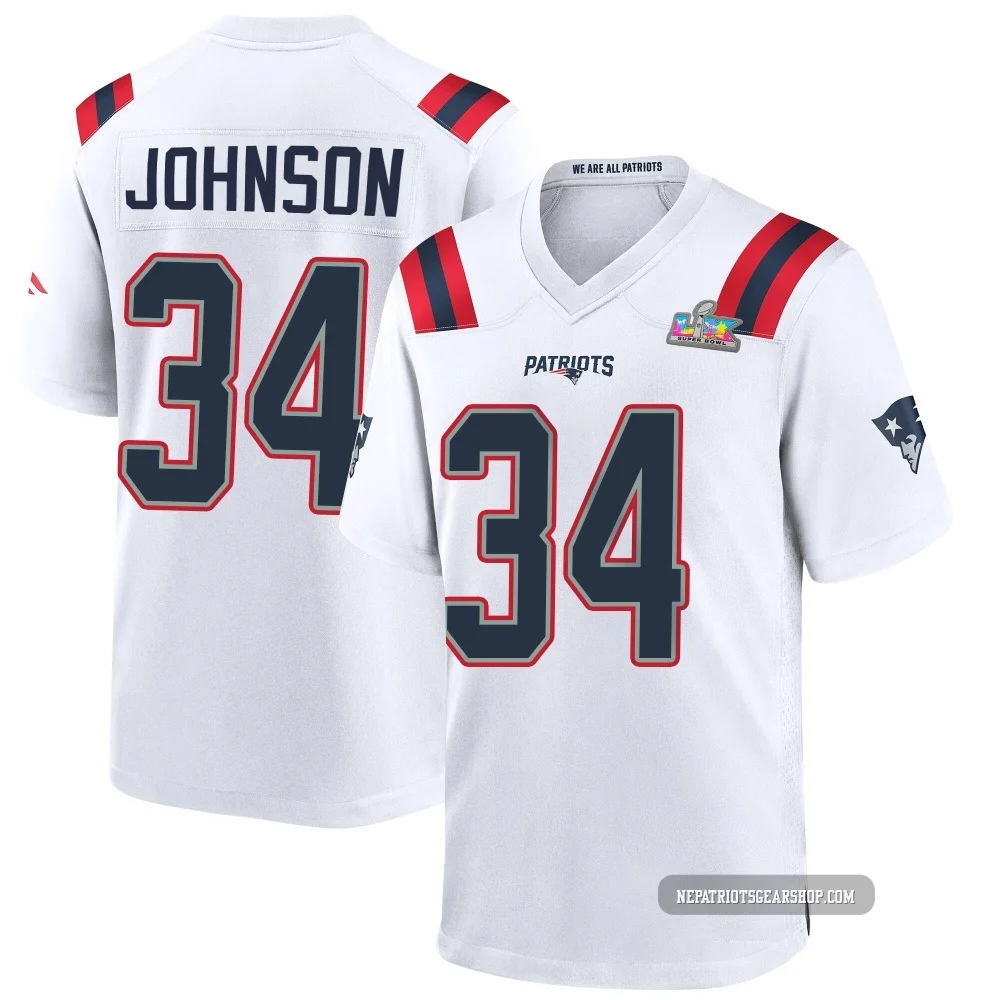 D'Ernest Johnson ＃34 New England Patriots Game Super Bowl LX Patch Jersey - Youth White