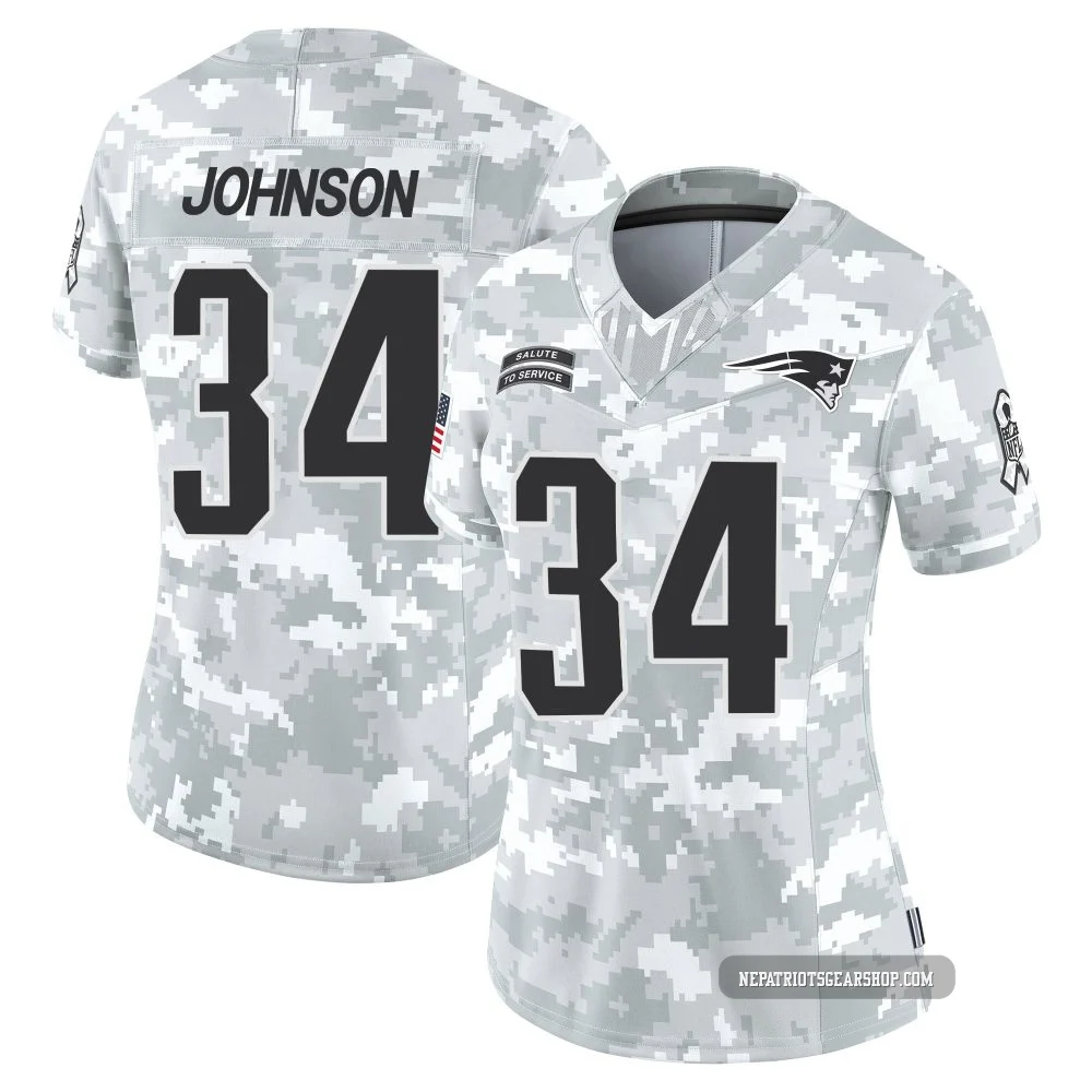D'Ernest Johnson ＃34 New England Patriots Limited 2024 Salute to Service Jersey - Women's Arctic Camo