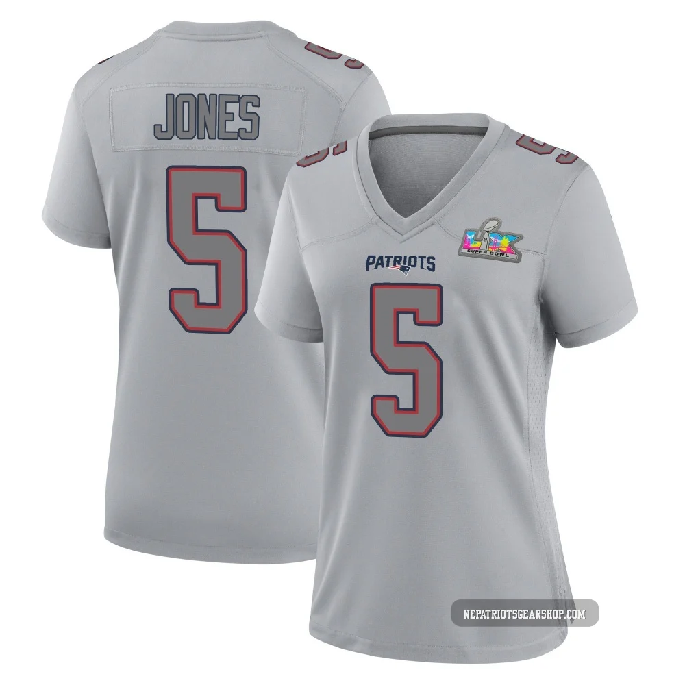 Dre'Mont Jones ＃5 New England Patriots Game Silver Atmosphere Fashion Super Bowl LX Patch Jersey - Women's