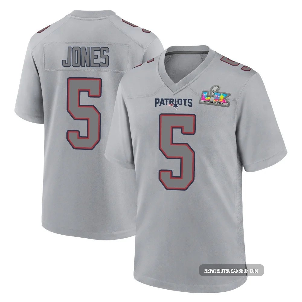 Dre'Mont Jones ＃5 New England Patriots Game Silver Atmosphere Fashion Super Bowl LX Patch Jersey - Youth