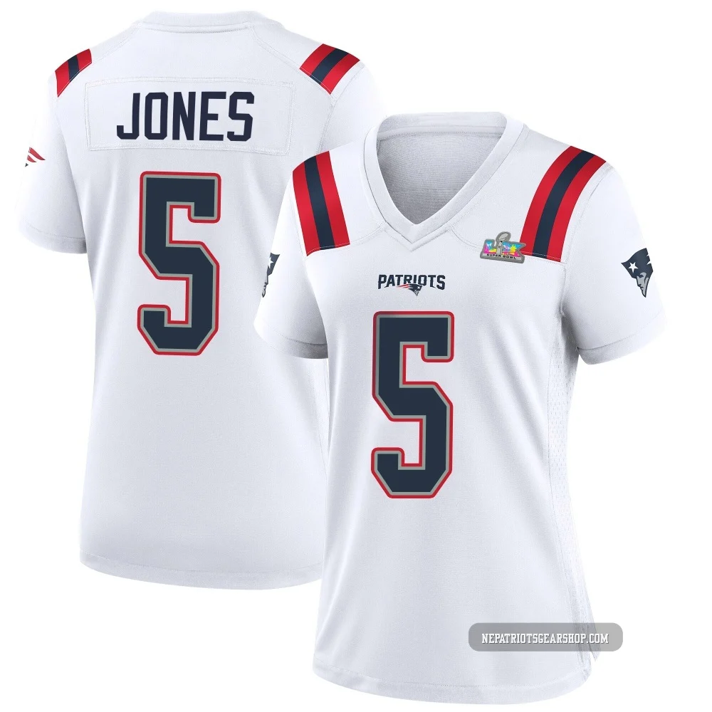 Dre'Mont Jones ＃5 New England Patriots Game Super Bowl LX Patch Jersey - Women's White