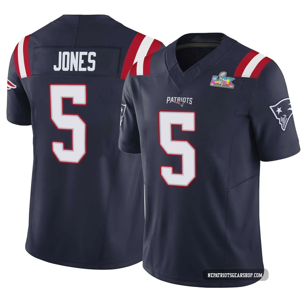 Dre'Mont Jones ＃5 New England Patriots Limited Vapor F.U.S.E. Super Bowl LX Patch Jersey - Men's Navy