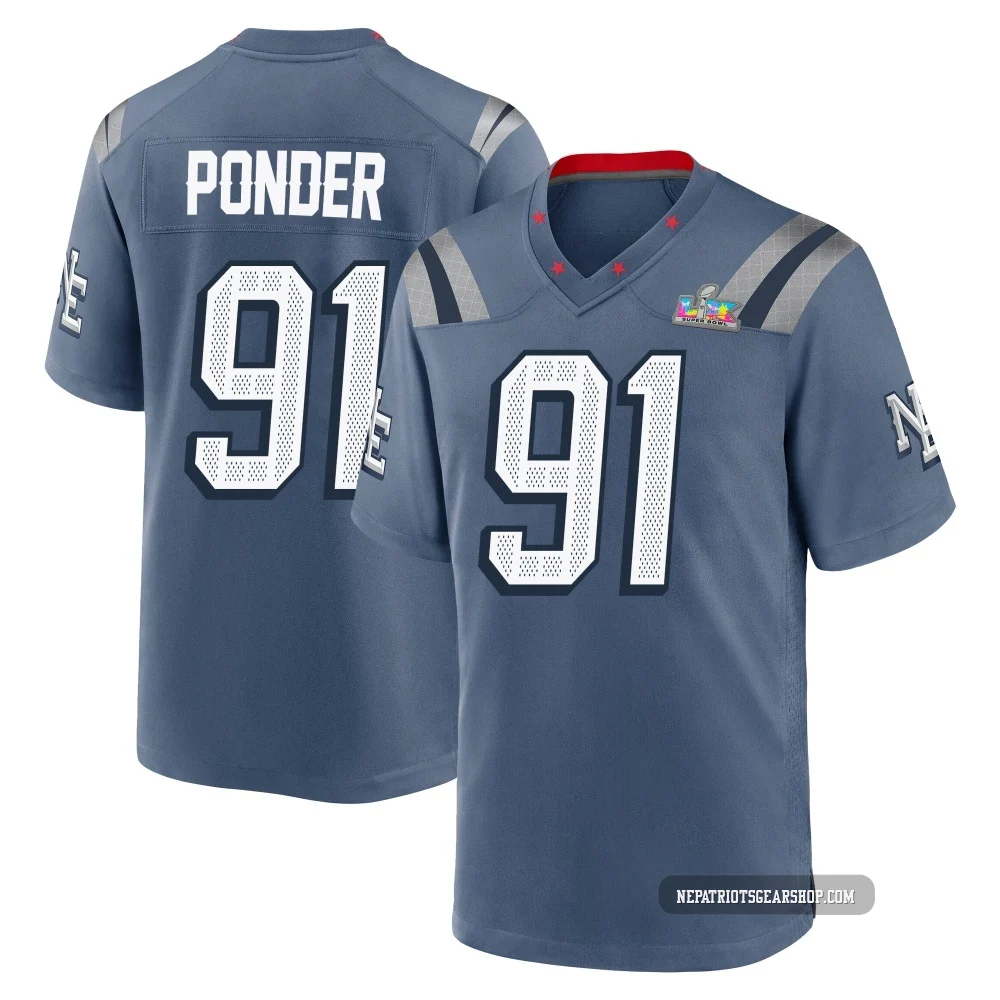 Elijah Ponder ＃91 New England Patriots Game Storm 2025 Rivalries Collection Super Bowl LX Patch Jersey - Youth Blue