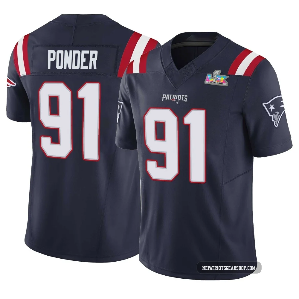 Elijah Ponder ＃91 New England Patriots Limited Vapor F.U.S.E. Super Bowl LX Patch Jersey - Men's Navy