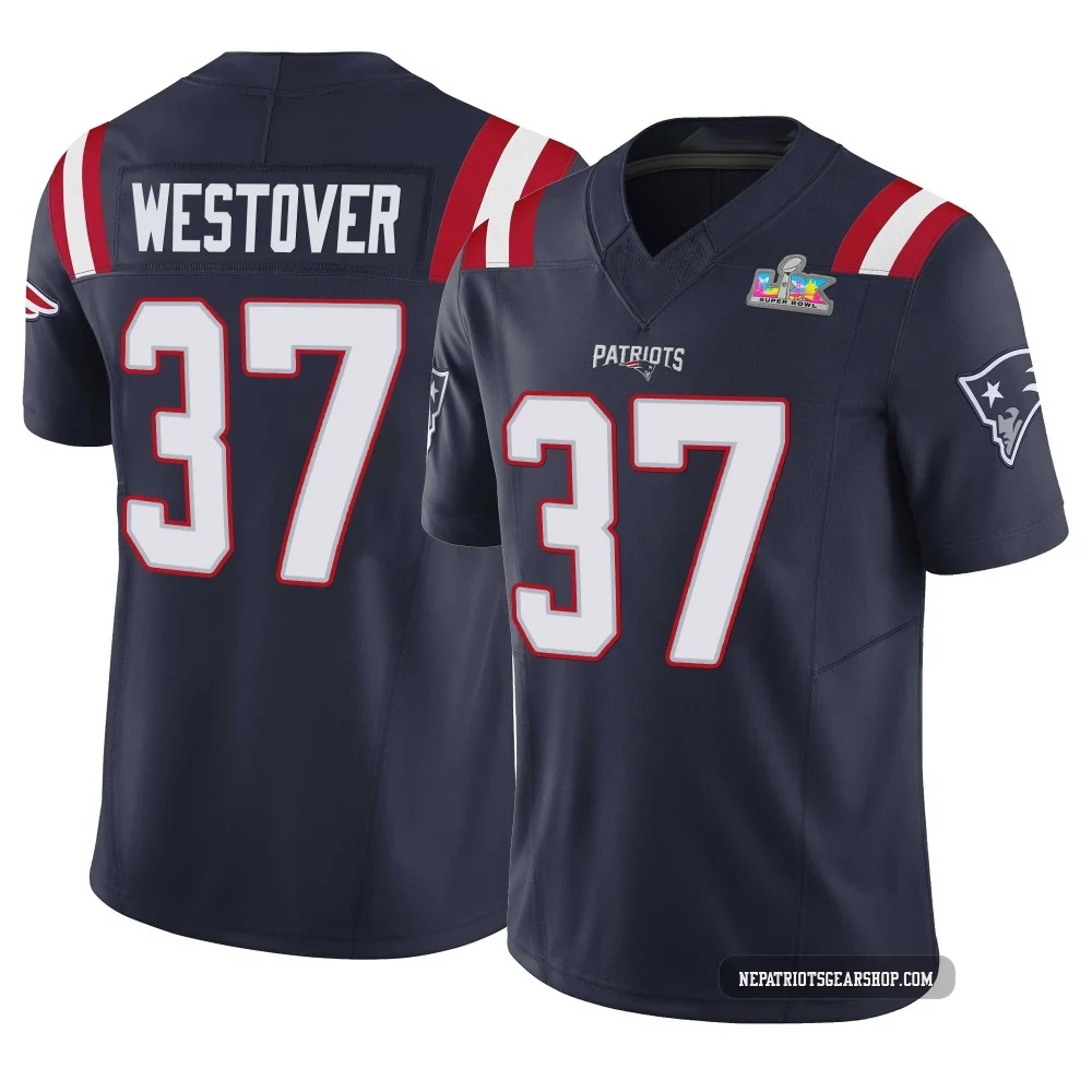 Jack Westover ＃37 New England Patriots Limited Vapor F.U.S.E. Super Bowl LX Patch Jersey - Youth Navy