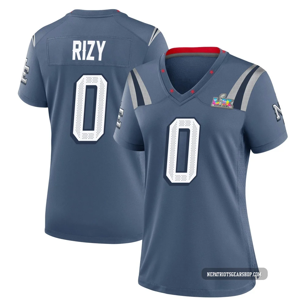 Jacob Rizy ＃0 New England Patriots Game Storm 2025 Rivalries Collection Super Bowl LX Patch Jersey - Women's Blue