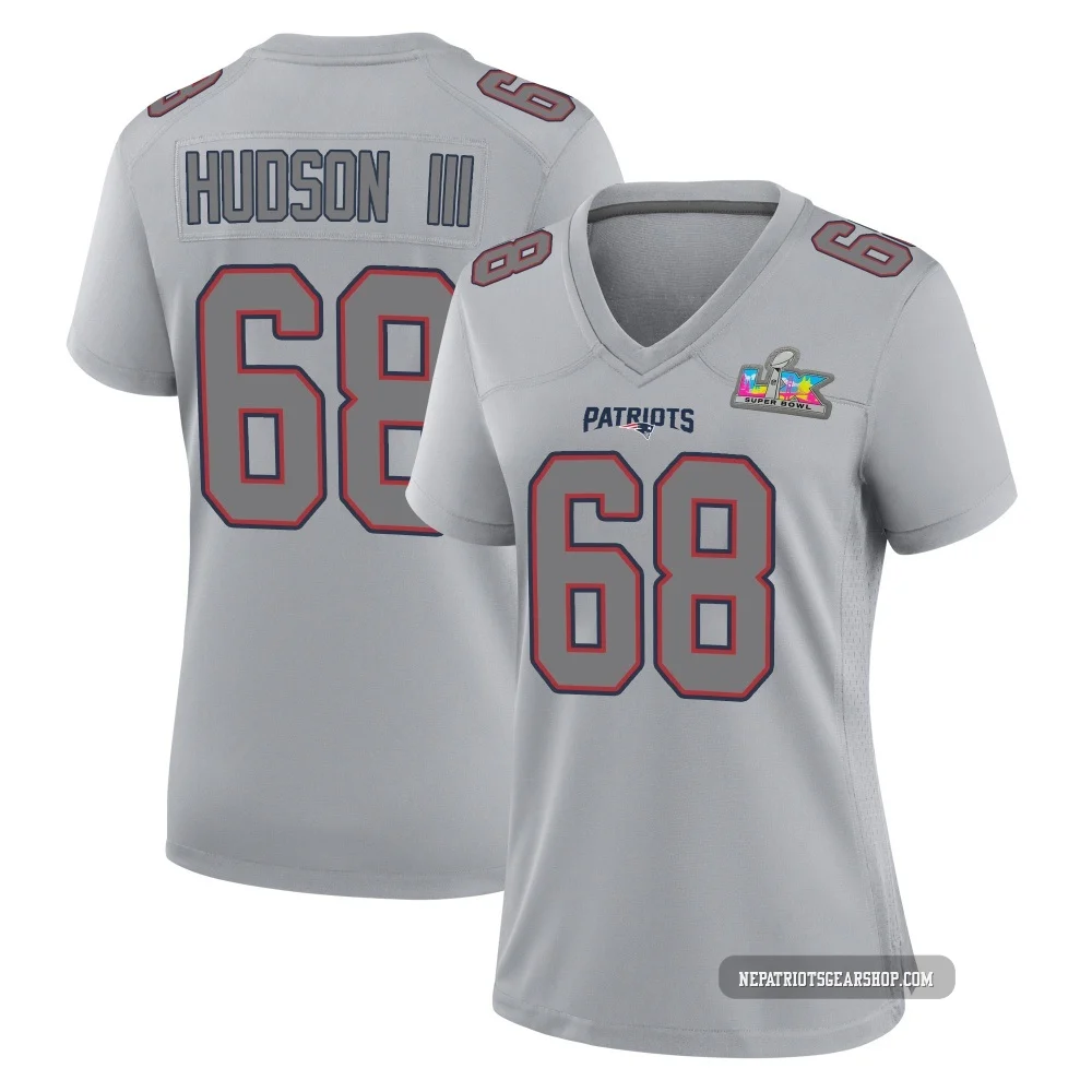 James Hudson III ＃68 New England Patriots Game Silver Atmosphere Fashion Super Bowl LX Patch Jersey - Women's