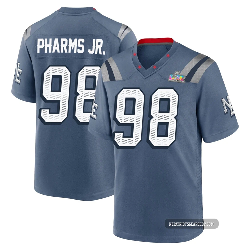 Jeremiah Pharms Jr. ＃98 New England Patriots Game Storm 2025 Rivalries Collection Super Bowl LX Patch Jersey - Youth Blue