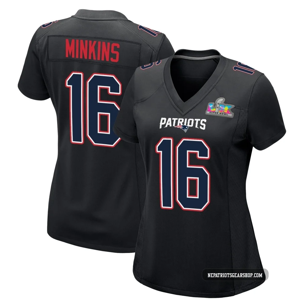 Josh Minkins ＃16 New England Patriots Game Carbon Fashion Super Bowl LX Patch Jersey - Women's Black