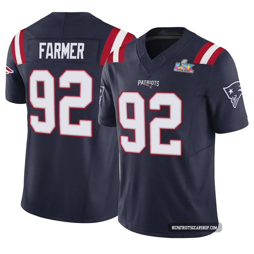 Joshua Farmer ＃92 New England Patriots Limited Vapor F.U.S.E. Super Bowl LX Patch Jersey - Youth Navy
