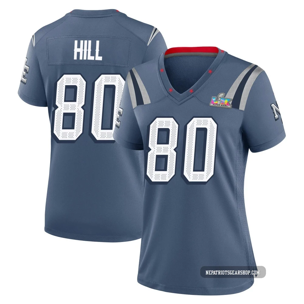 Julian Hill ＃80 New England Patriots Game Storm 2025 Rivalries Collection Super Bowl LX Patch Jersey - Women's Blue