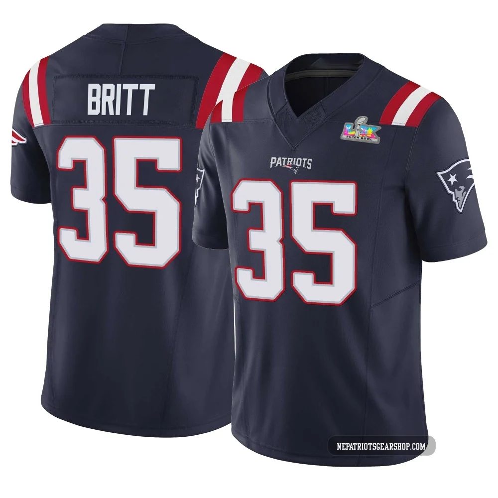K.J. Britt ＃35 New England Patriots Limited Vapor F.U.S.E. Super Bowl LX Patch Jersey - Youth Navy