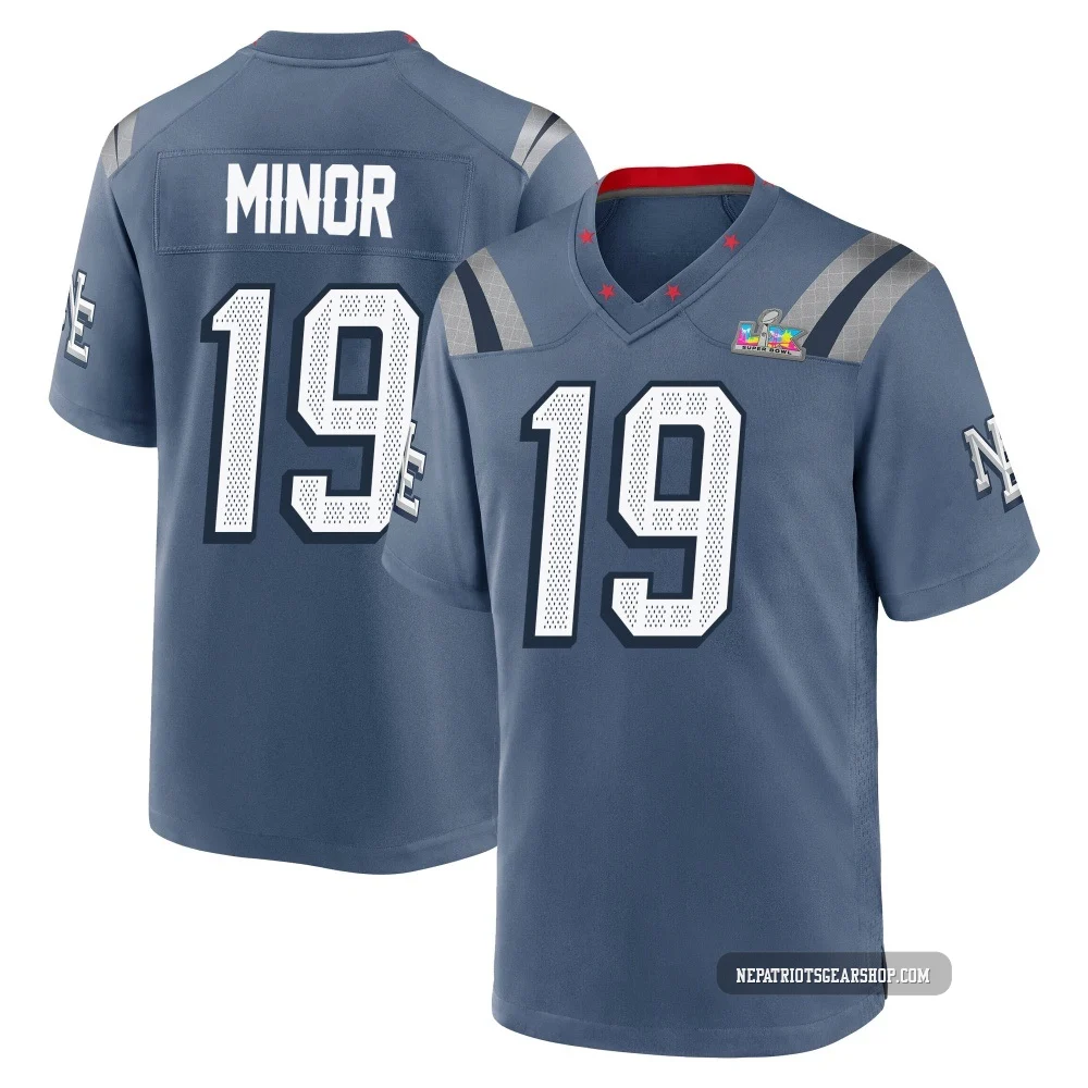 Kobee Minor ＃19 New England Patriots Game Storm 2025 Rivalries Collection Super Bowl LX Patch Jersey - Youth Blue