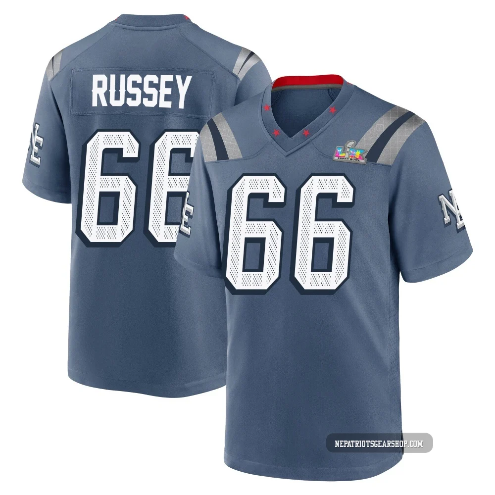 Kody Russey ＃66 New England Patriots Game Storm 2025 Rivalries Collection Super Bowl LX Patch Jersey - Youth Blue