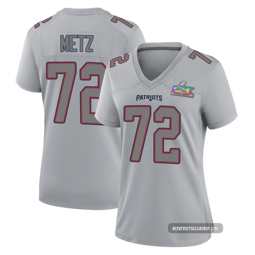 Lorenz Metz ＃72 New England Patriots Game Silver Atmosphere Fashion Super Bowl LX Patch Jersey - Women's