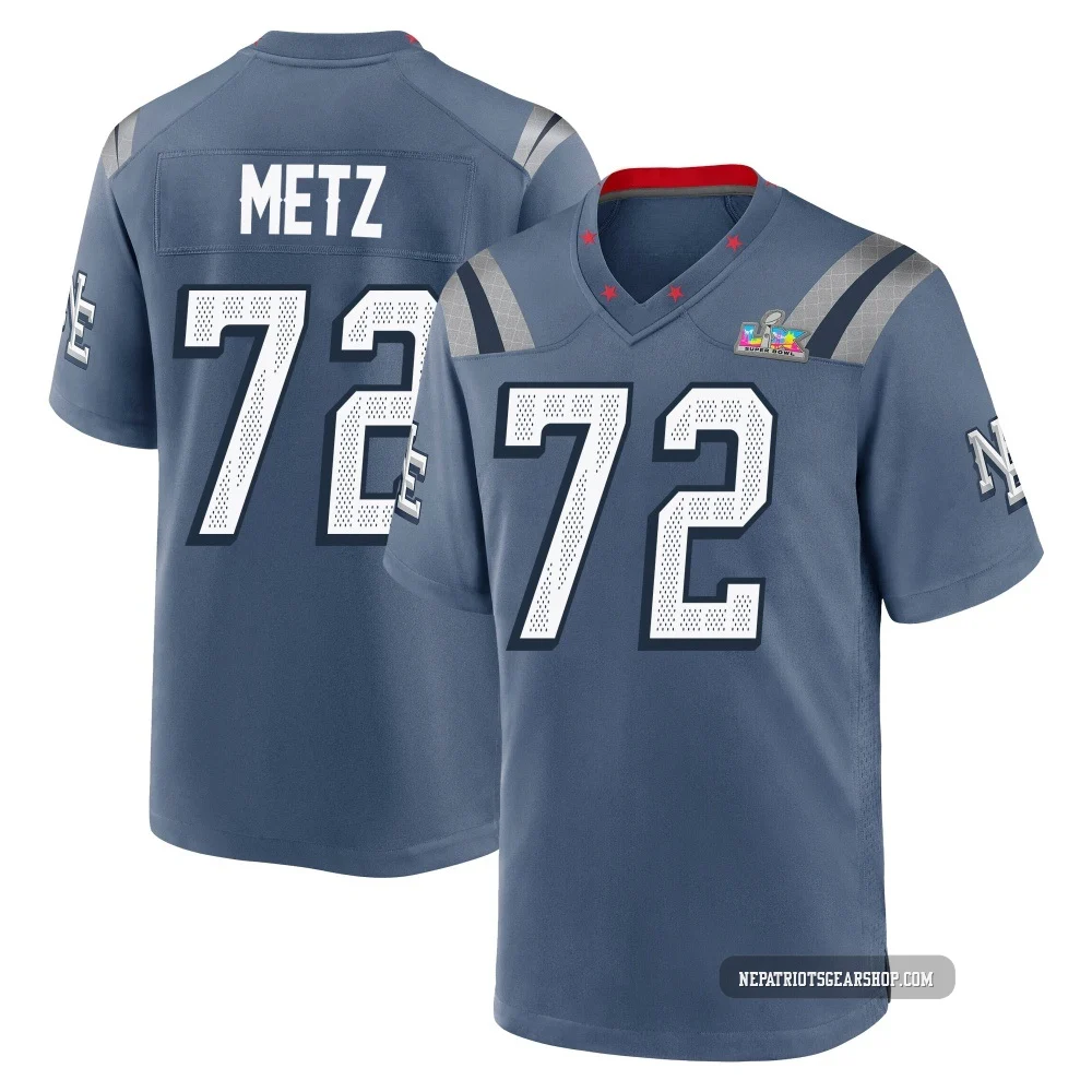 Lorenz Metz ＃72 New England Patriots Game Storm 2025 Rivalries Collection Super Bowl LX Patch Jersey - Men's Blue