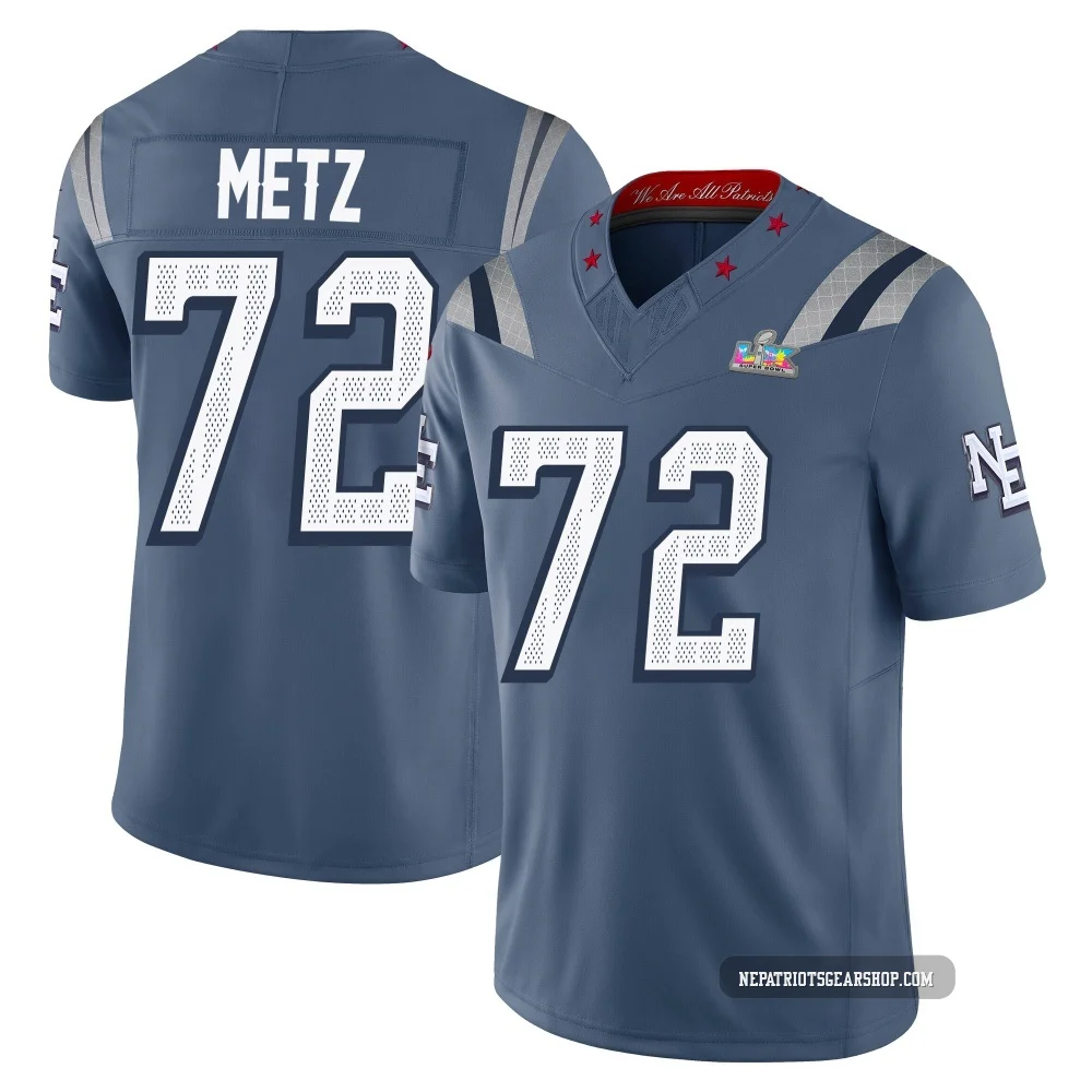 Lorenz Metz ＃72 New England Patriots Limited Storm 2025 Rivalries Collection Super Bowl LX Patch Jersey - Youth Blue