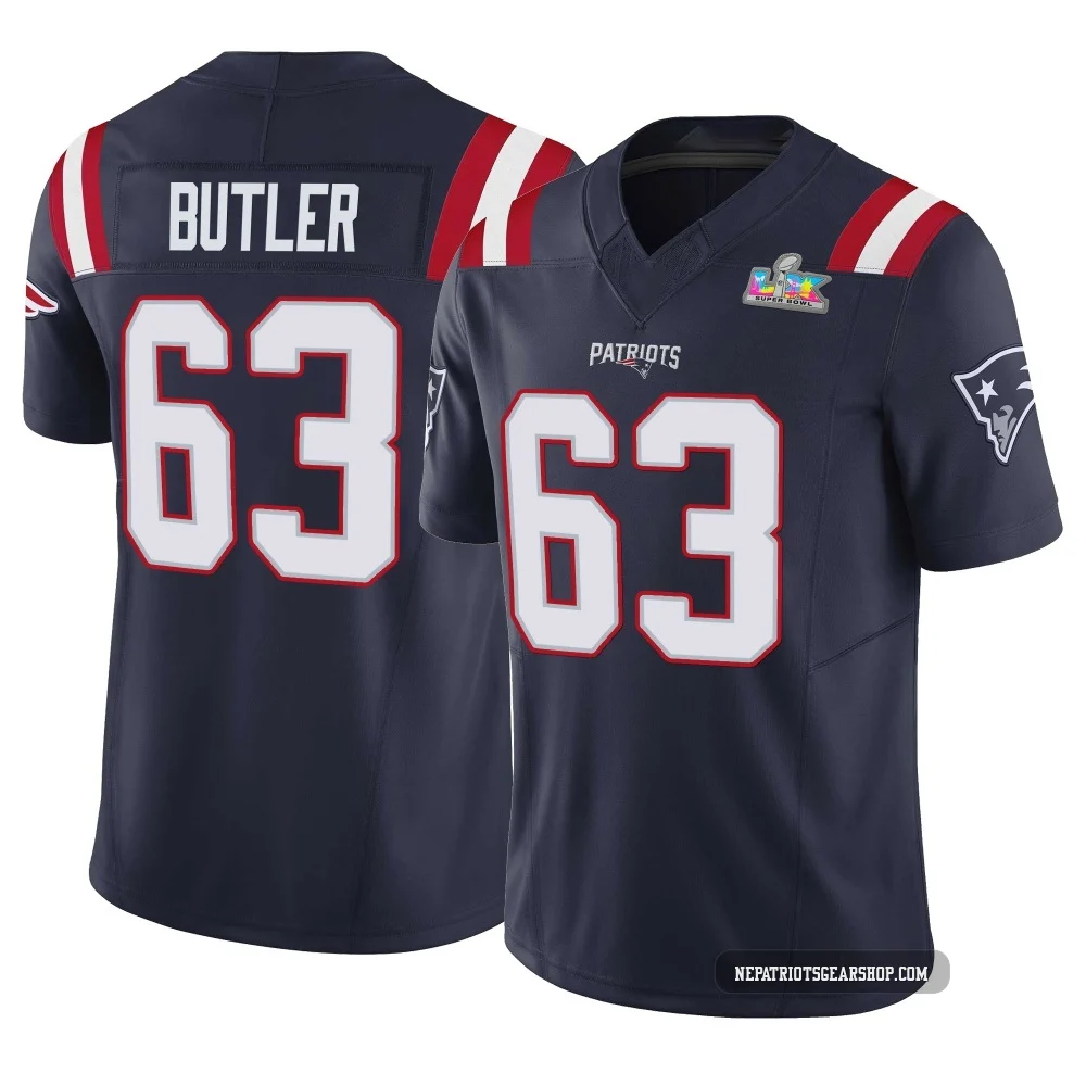 Mehki Butler ＃63 New England Patriots Limited Vapor F.U.S.E. Super Bowl LX Patch Jersey - Youth Navy