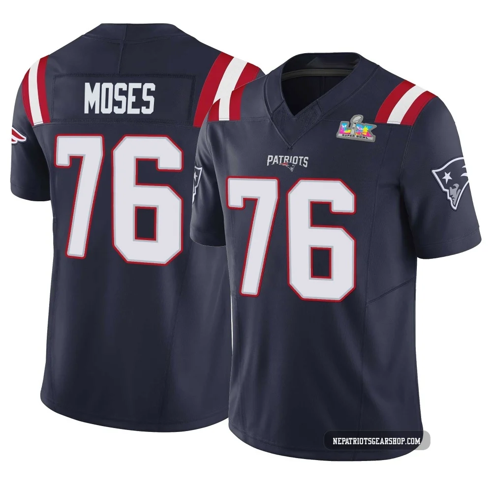 Morgan Moses ＃76 New England Patriots Limited Vapor F.U.S.E. Super Bowl LX Patch Jersey - Youth Navy