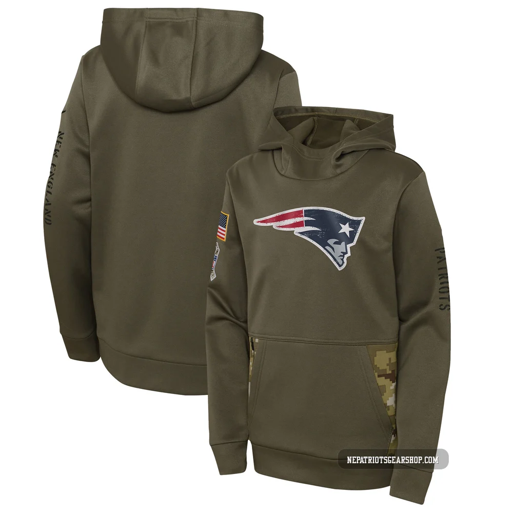 New England Patriots 2022 Salute to Service Performance Pullover Hoodie - Youth Olive