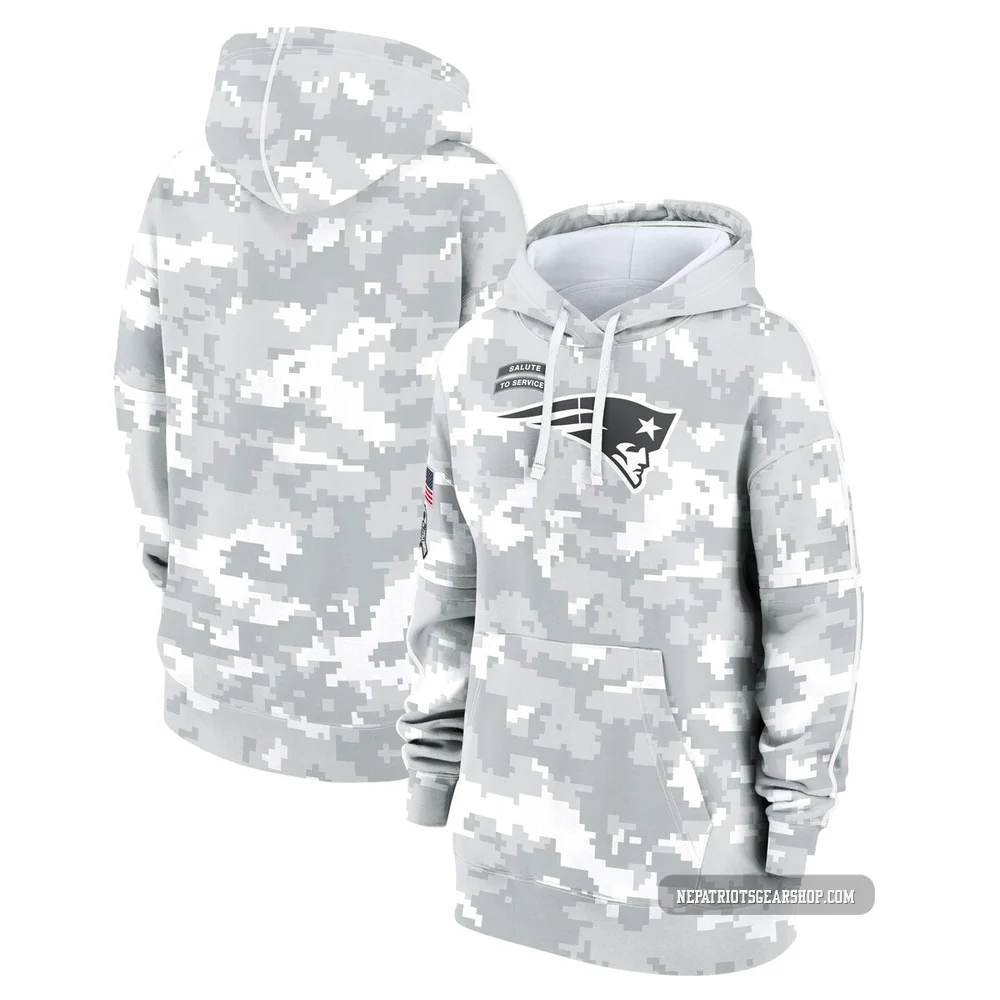 New England Patriots 2024 Salute To Service Club Fleece Pullover Hoodie - Women's Arctic Camo