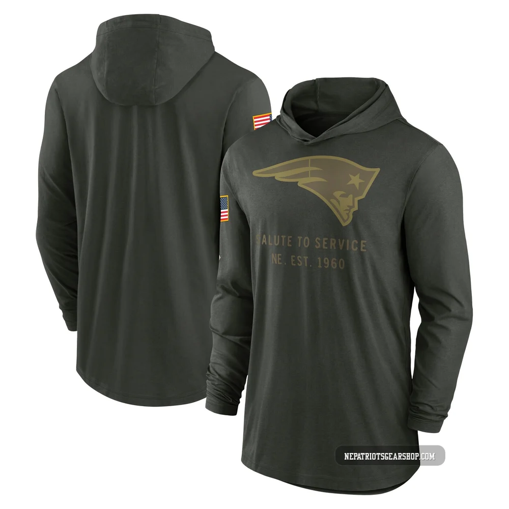 New England Patriots Forest 2025 Salute to Service Sideline Lightweight Long Sleeve Hooded Pullover T-Shirt - Men's Green