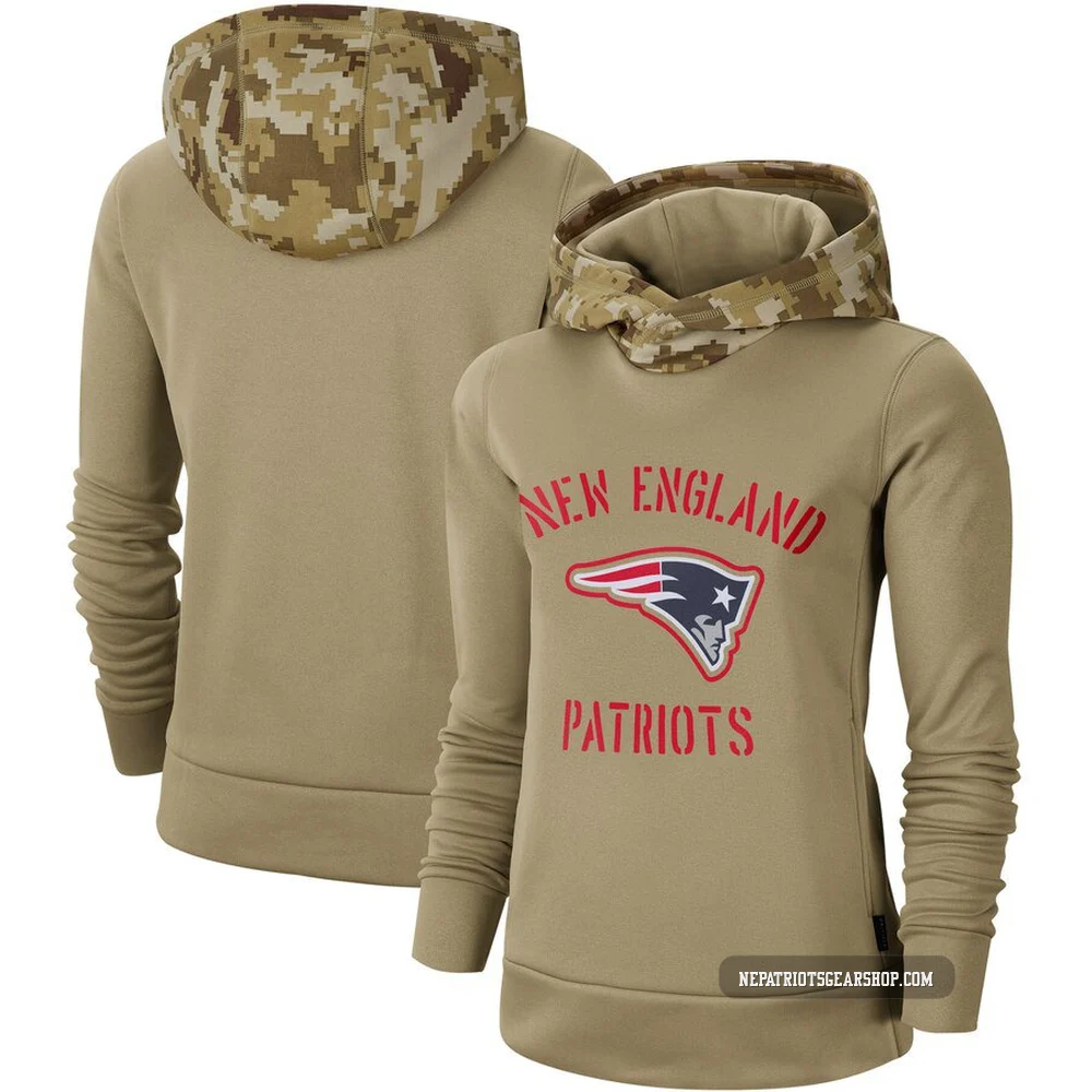 New England Patriots Khaki 2019 Salute to Service Therma Pullover Hoodie - Women's