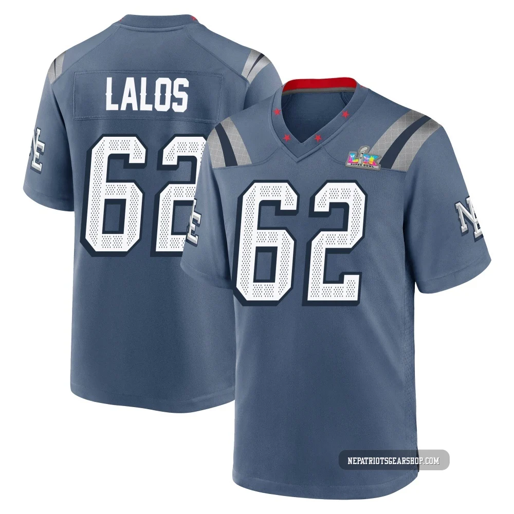 Niko Lalos ＃62 New England Patriots Game Storm 2025 Rivalries Collection Super Bowl LX Patch Jersey - Youth Blue