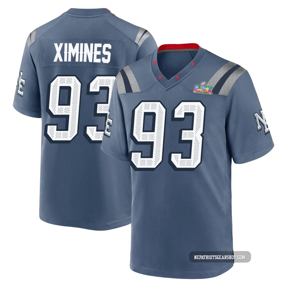 Oshane Ximines ＃93 New England Patriots Game Storm 2025 Rivalries Collection Super Bowl LX Patch Jersey - Youth Blue