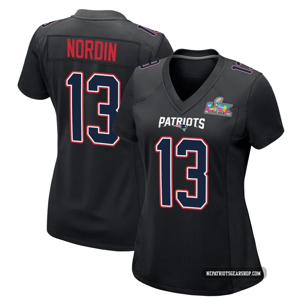 Quinn Nordin ＃13 New England Patriots Game Carbon Fashion Super Bowl LX Patch Jersey - Women's Black