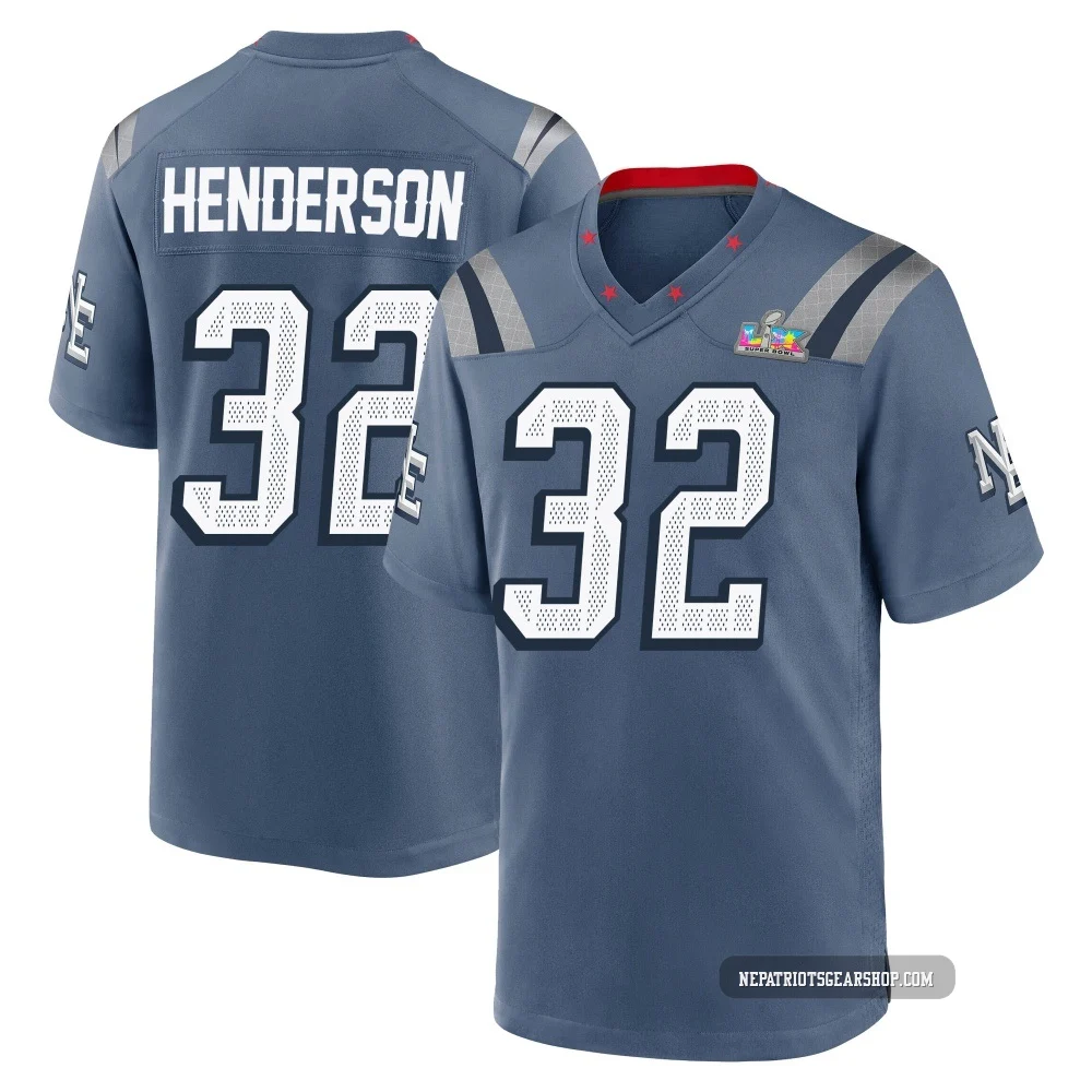 TreVeyon Henderson ＃32 New England Patriots Game Storm 2025 Rivalries Collection Super Bowl LX Patch Jersey - Youth Blue