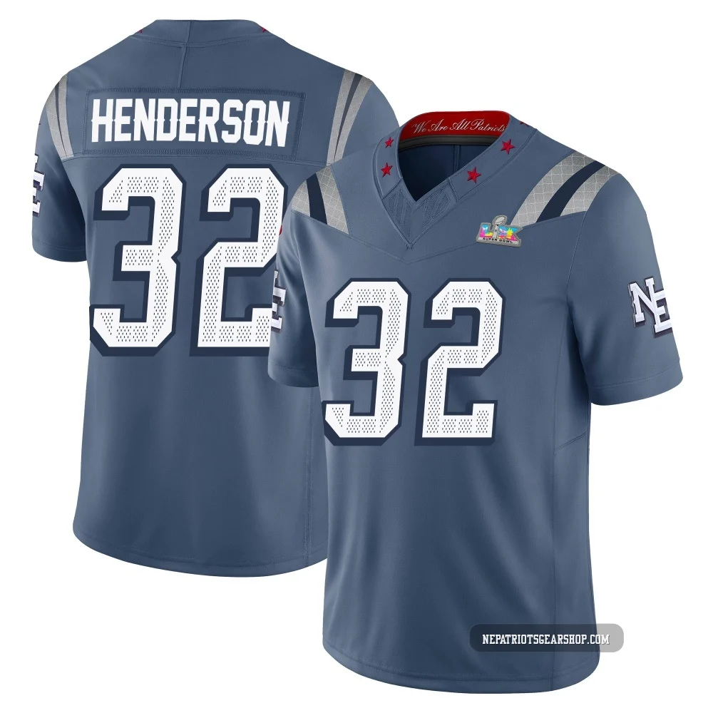 TreVeyon Henderson ＃32 New England Patriots Limited Storm 2025 Rivalries Collection Super Bowl LX Patch Jersey - Men's Blue