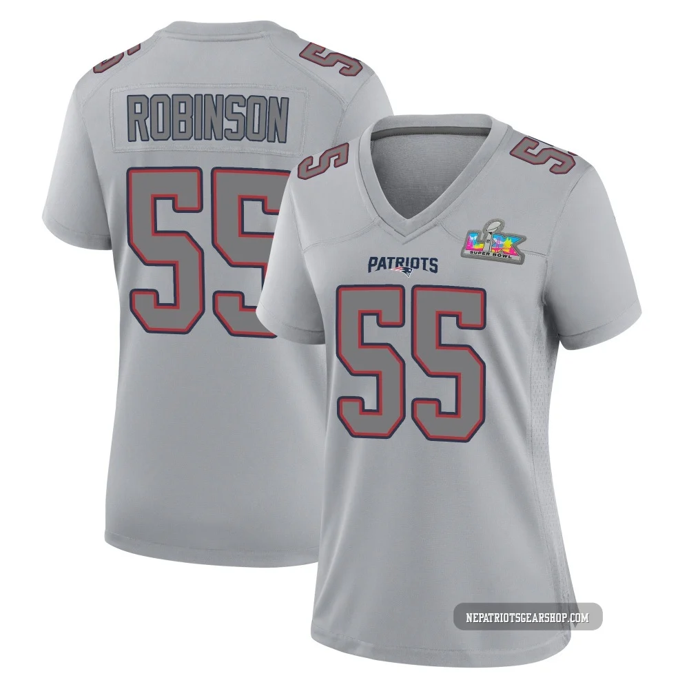 Tyrese Robinson ＃55 New England Patriots Game Silver Atmosphere Fashion Super Bowl LX Patch Jersey - Women's